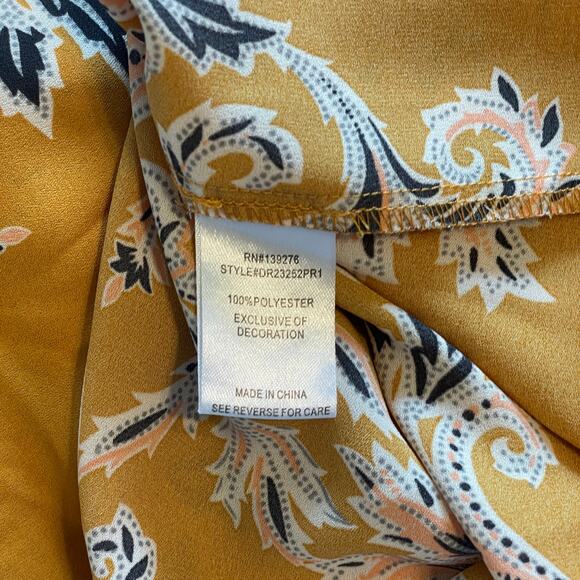 DR2 Mustard Paisley Blouse Womens Large Plisse Accordion Pleat Tassel Boho Top - Picture 8 of 11